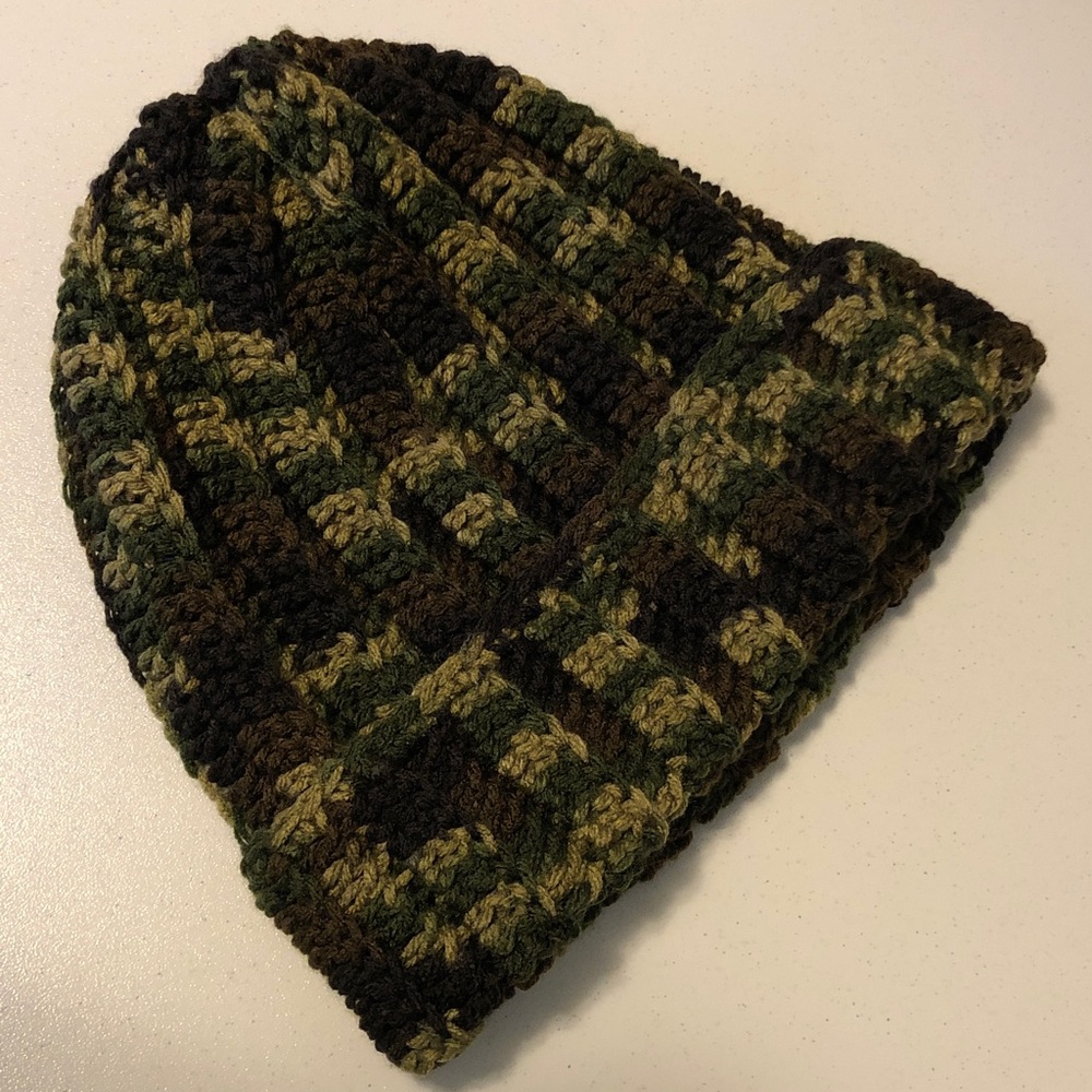 Camouflage hand crochet Beanie size adult or teen great for camping extra long